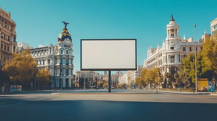 Poster - Blank billboard mockup in madrid with the cibeles palace in the background under a clear sky : Generative AI