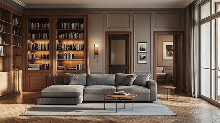 Poster - Living room of a house furnished with a gray fabric divan sofa wooden bookcases access doors to other rooms and parquet floors : Generative AI