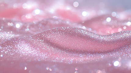 Poster - Glittering particles create mesmerizing effect on soft pink surface, evoking sense of magic and wonder. shimmering waves reflect light beautifully, enhancing enchanting atmosphere