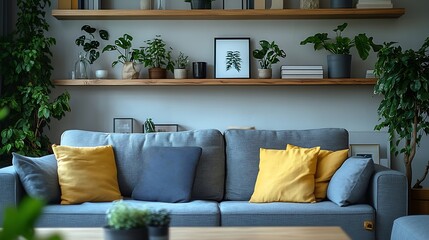 Wall Mural - Interior of light living room with grey sofa table and shelving units : Generative AI