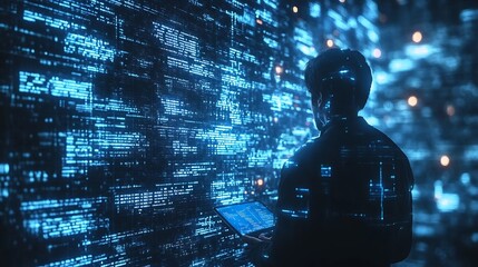 Leinwandbilder - Software engineer using digital tablet with cyber security network computer code on virtual screen interface Data science machine learning of artificial intelligence digital software d : Generative AI