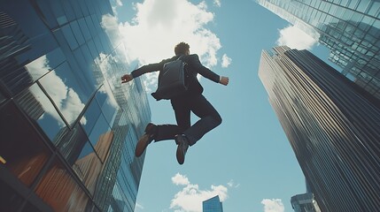 A man of a suit man in a suit with a business bag that jumps outdoors in an urban area surrounded by high rise buildings : Generative AI