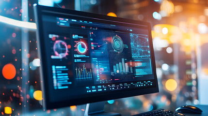 Wall Mural - Computer monitor displaying an abstract network monitoring dashboard with real-time data analytics, graphs, and system health indicators.