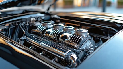 Poster - Engine Close-Up with Shiny Components and Pipes