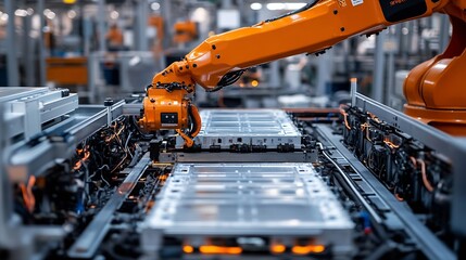 Poster - Modern EV Factory On Automated Production Line Robot Arms Transporting Automotive Battery Modules onto Conveyor Belt Electric Car Battery Pack Manufacturing Process : Generative AI
