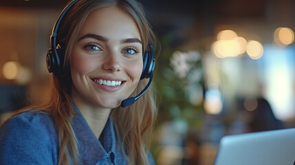 Poster - Smiling caucasian business woman with headset working on a laptop in a call center on the line Happy female working in a busy customer service department and taking notes while talking : Generative AI