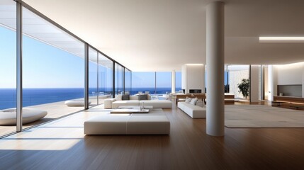 Canvas Print - Modern living space with panoramic ocean views and minimalist design.