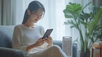 Poster - Air purifier PM 25 dust filter clean and health air Air purifier against blurred woman using the phone on sofa in living room : Generative AI