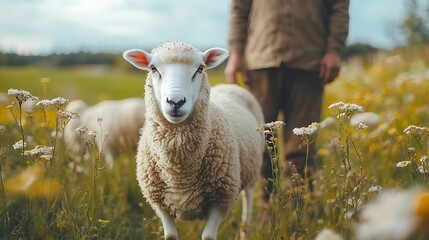 Farm sheep and feeding with man in field for agriculture sustainability and animal care Labor ecology and summer with male farmer in countryside meadow for cattle livestock and lamb pa : Generative AI