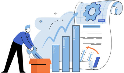 Fototapete - Business development, data analysis. Man financier marketer analyzing growth charts. Increase sales and skills. People analytics. Monitoring investment. Finance report graph. Information and diagrams