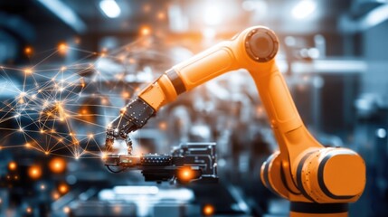 Poster - A robotic arm and autonomous vehicles working side by side in a smart factory, illustrating the synergy between robotics and 5G technology for industrial advancement.
