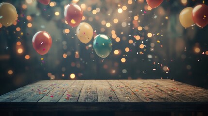 Poster - Whimsical Birthday Party with Floating Balloons and Blurred Fairy Lights