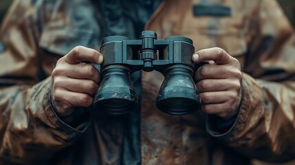 Closeup of man holding binoculars in his hands while standing outdoors : Generative AI