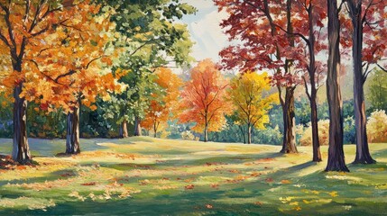 Poster - A vibrant autumn landscape with colorful trees and a sunny sky.