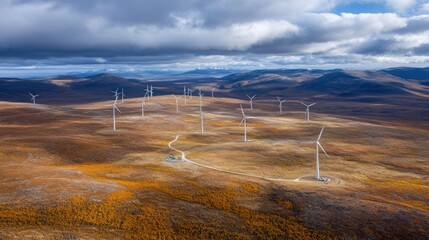 Wall Mural - Aerial view of wind turbines in a vast, colorful landscape under a cloudy sky.