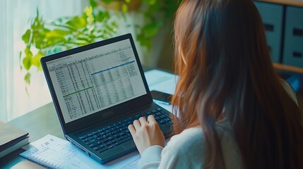 Leinwandbilder - Asian Business woman using calculator and laptop for doing math finance on an office desk tax report accounting statistics and analytical research concept : Generative AI