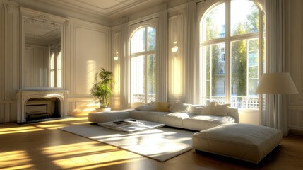 Canvas Print - Bright, spacious living room with large windows and modern furniture, creating a cozy atmosphere.