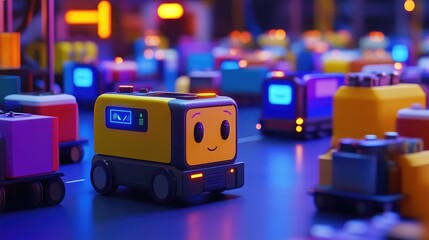Poster - A smart factory scene showcasing autonomous robotic transportation systems, efficiently moving materials through a high-tech industrial environment enabled by 5G connectivity.