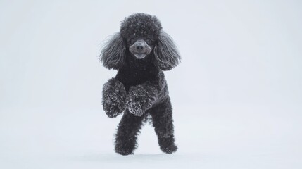 Poster - A playful black poodle jumps joyfully in a snowy landscape.