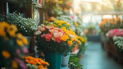 Poster - Beautiful colorful flowers and plants in a pots in a Flower shop Selective focus : Generative AI