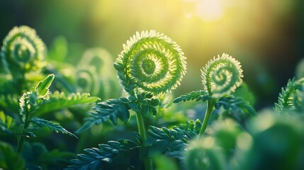 Aufkleber - Beautiful Close Up View Of Fresh Green Young Wild Ferns Plantation Bud In Spiral Form With Shallow Depth Of Field In The Forest : Generative AI