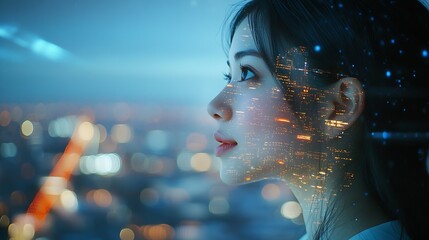 Aufkleber - Business people double exposure and woman with presentation coaching and city lights with information Corporate professional or overlay with happy employee brainstorming and mentor wit : Generative AI
