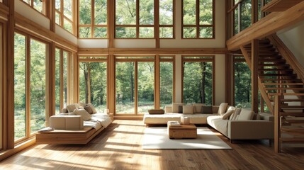 Poster - A spacious, modern living room with large windows showcasing a natural view.