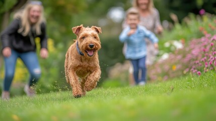 Wall Mural - A joyful dog runs through a garden while people play in the background.