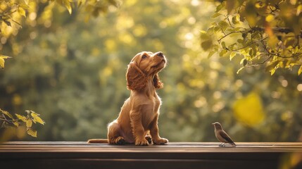 Wall Mural - A puppy sits attentively beside a small bird, surrounded by lush greenery in soft sunlight.