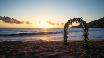 Poster - A floral arch stands on a sandy beach at sunset, symbolizing a wedding or romantic event.