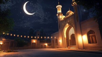 an evening scene of a mosque lit by soft golden light