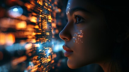 Aufkleber - Thinking code hologram and woman with tablet data analysis digital technology and software overlay at night Programmer or Indian person with 3d screen programming stats and cybersecuri : Generative AI