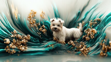 Canvas Print - A small, fluffy dog stands amidst swirling teal and gold floral elements.