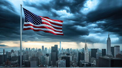 The American flag is flying high above the city skyline, with dark storm clouds gathering in the sky behind it