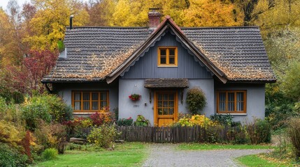 Wall Mural - A charming cottage surrounded by colorful autumn foliage and a well-kept garden.