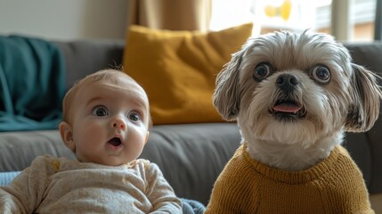 Poster - A surprised baby and a dog in sweaters sitting together on a couch.