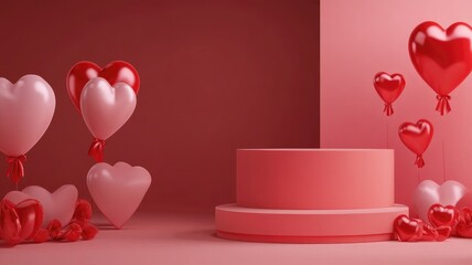 Red and Pink Heart-Shaped Balloons Surrounding a Two-Tiered Platform