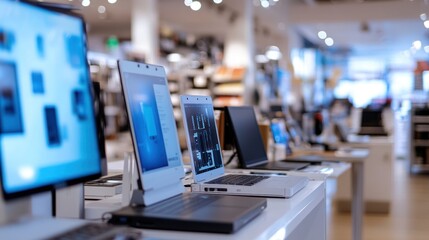 Sticker - A display of laptops and monitors in a modern electronics store.