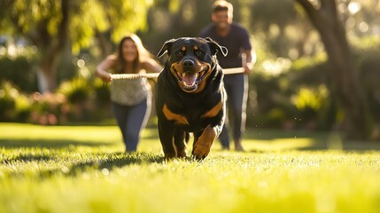 Poster - A happy Rottweiler running in a park, with two people enjoying a playful moment.