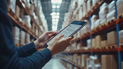 Leinwandbilder - Business Logistics technology conceptMan hands using tablet on blurred warehouse as background : Generative AI
