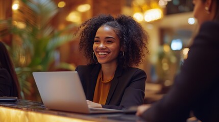 Canvas Print - Smiling group of young businesswomen talking while working together on a laptop at a desk in the lobby of hotel during a business trip : Generative AI