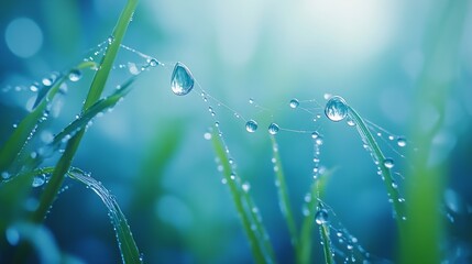 Poster - Beautiful natural background with necklace of water droplets on a cobweb in grass in spring of summer in blue tones Texture Dew drops on a spider web in nature closeup macro with soft  : Generative AI