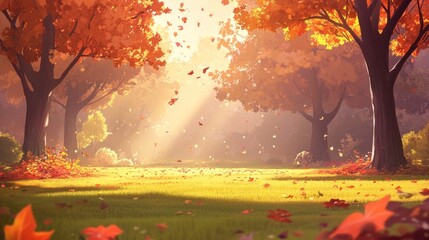 Poster - A serene autumn landscape with colorful leaves and soft sunlight filtering through trees.