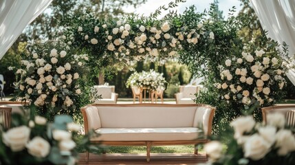 Sticker - A beautifully decorated outdoor wedding setup with floral arrangements and seating.