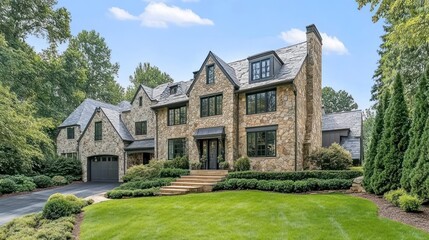 Poster - Elegant stone house with landscaped yard and trees.