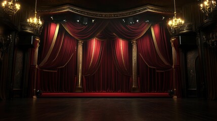 Poster - A grand theater stage with red curtains and ornate decorations, ready for a performance.