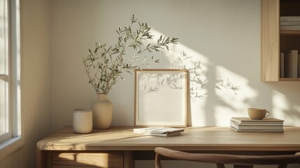 Poster - A serene workspace featuring a vase with branches, a framed picture, and a cozy atmosphere.