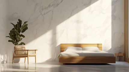 Wall Mural - A minimalist bedroom featuring a wooden bed, chair, and a large plant against a marble wall.