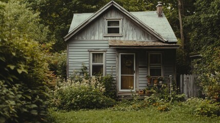 Canvas Print - A weathered, rustic house surrounded by lush greenery and wildflowers.