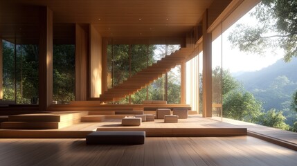 Poster - A serene wooden interior with large windows, blending nature and modern design.